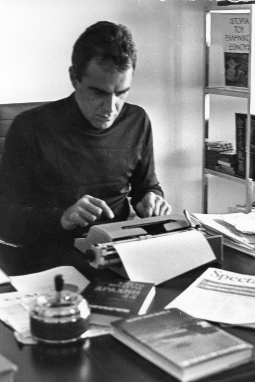 Taki Theodoracopulos, author of Passage Press's Last Alpha Male, writing at his typewriter. 